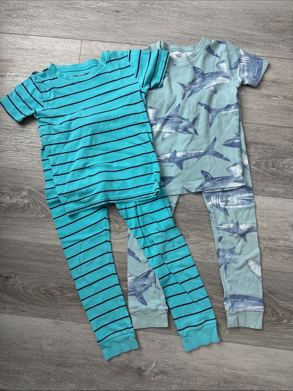 EUC Carter's Teal Stripe & Seafoam Shark Pajama Short Sleeve & Pants Sets Size 6